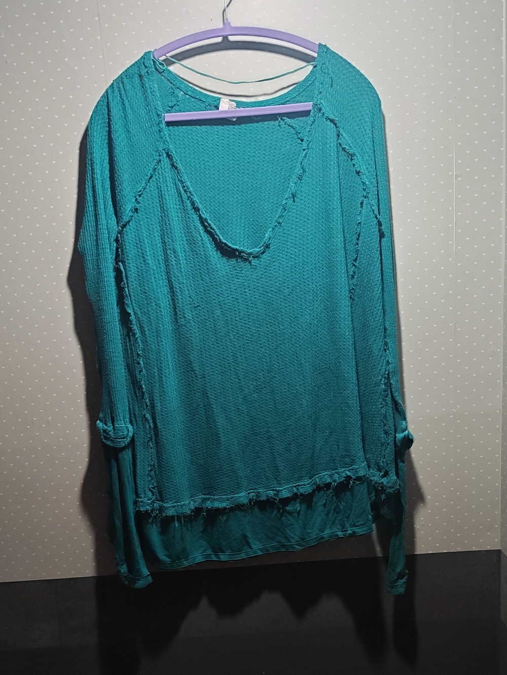 Free People Teal Long-Sleeve Thermal Waffle Top